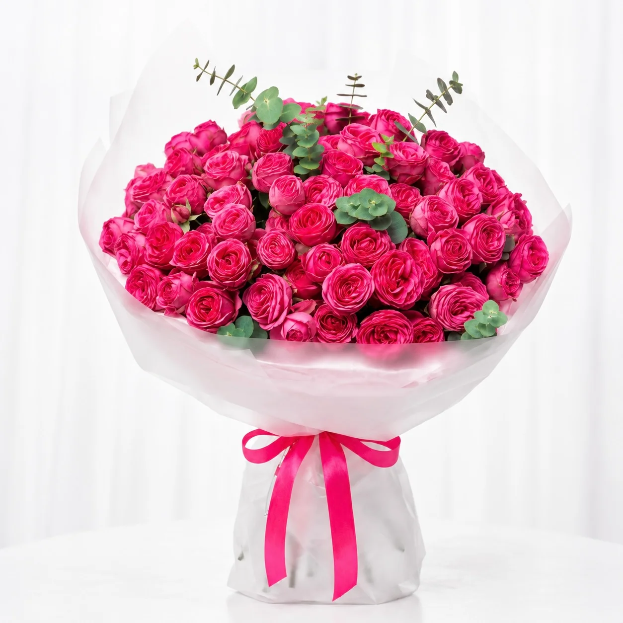 Fresh Endless Grace 21 Pink Peony Rose Bouquet wrapped in premium floral paper with luxurious satin ribbon